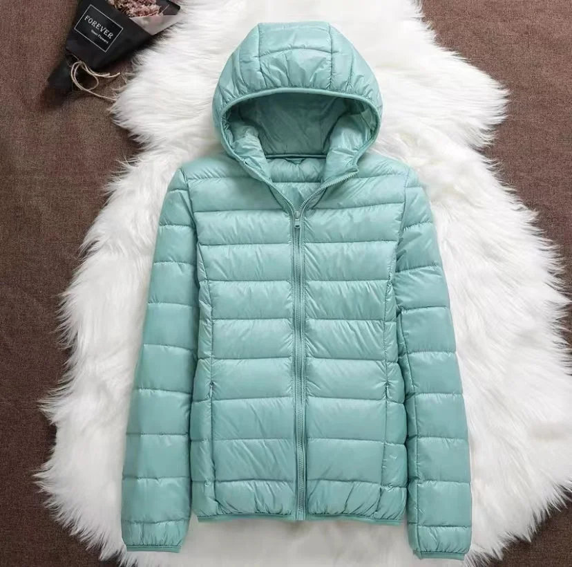 Lightweight Down Jacket Women's Winter New Hooded White Duck Down Stand Collar Fashion Casual Zipper Solid Color Warm Jacket
