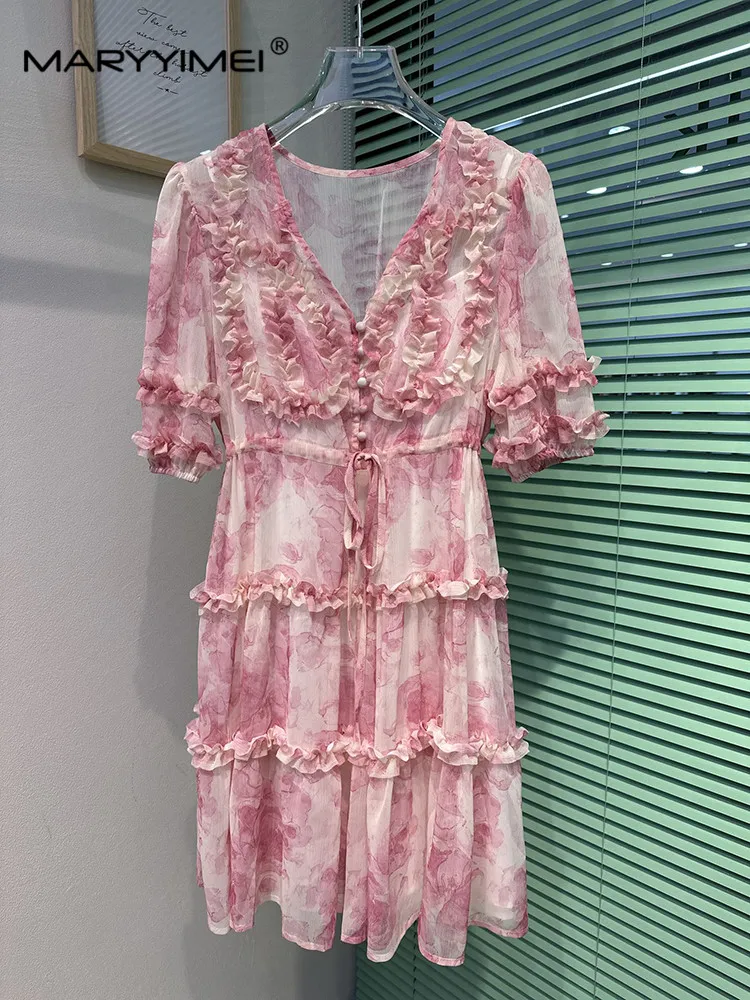 

MARYYIMEI V-Neck Short Sleeved Chiffon dress Spring Summer Wood Ear Edge Lace-Up Elastic Waist Pink Print Holiday Dresses