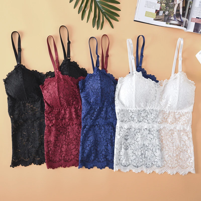 

Solid Corset Lace Camis Tops For Women Soft Removable Padded V-Neck Tops Fashion Hollow Lace Mesh Summer Camisoles