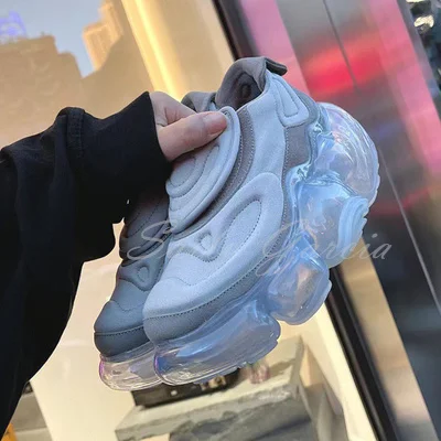 Light Blue Black Round Toe Thick Sole Air Cushion Bubble Transparent Heel Height Increasing  Leisure Sneakers Shoes For Women