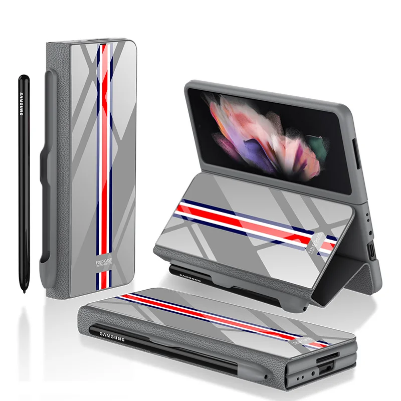 

Glass Luxury Tempered Case For samsung Galaxy z Fold 3 5g Case with s Pen Holder Stand Plating Hard Glass Cover z Fold3 New