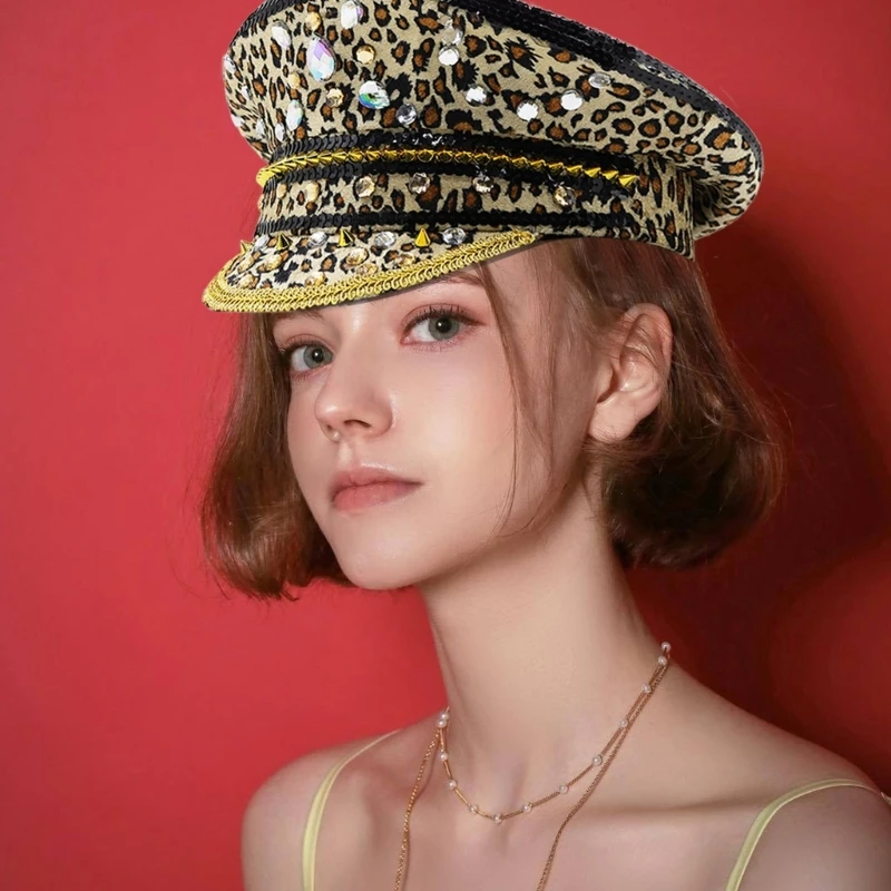 

Сверкающая шляпа капитана с леопардовыми кристаллами и блестками, шляпа для девичника, дискотека, шляпа капитана, шляпа диско