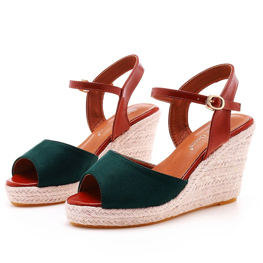 

Sandals Womens Summer Korean Style Classics Fashion Buckle Strap 9CM Hemp Rope Wedges Peep Toe Party Summer Women Shoes Black