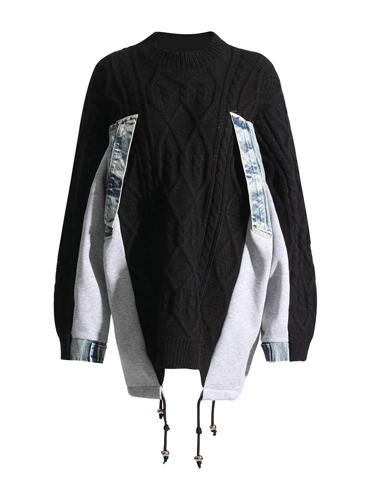 Женский джинсовый вязаный свитер TWOTWINSTYLE Повседневный составного кроя с круглым