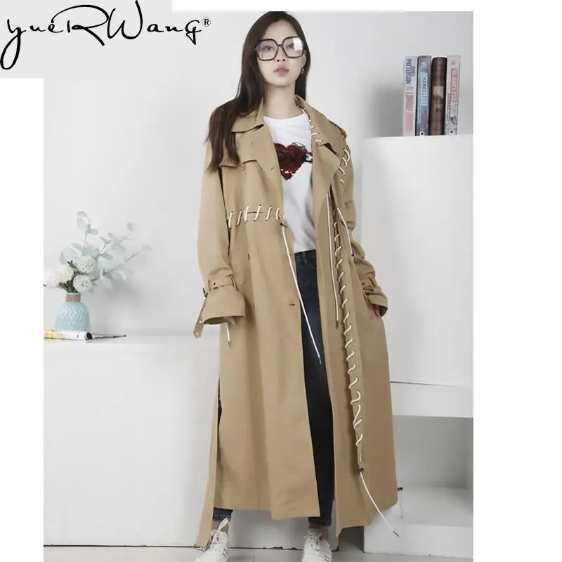 

Женский двубортный тренчкот yuerwang, свободная Длинная ветровка большого размера с длинным рукавом и кулиской для отдыха, весна-осень