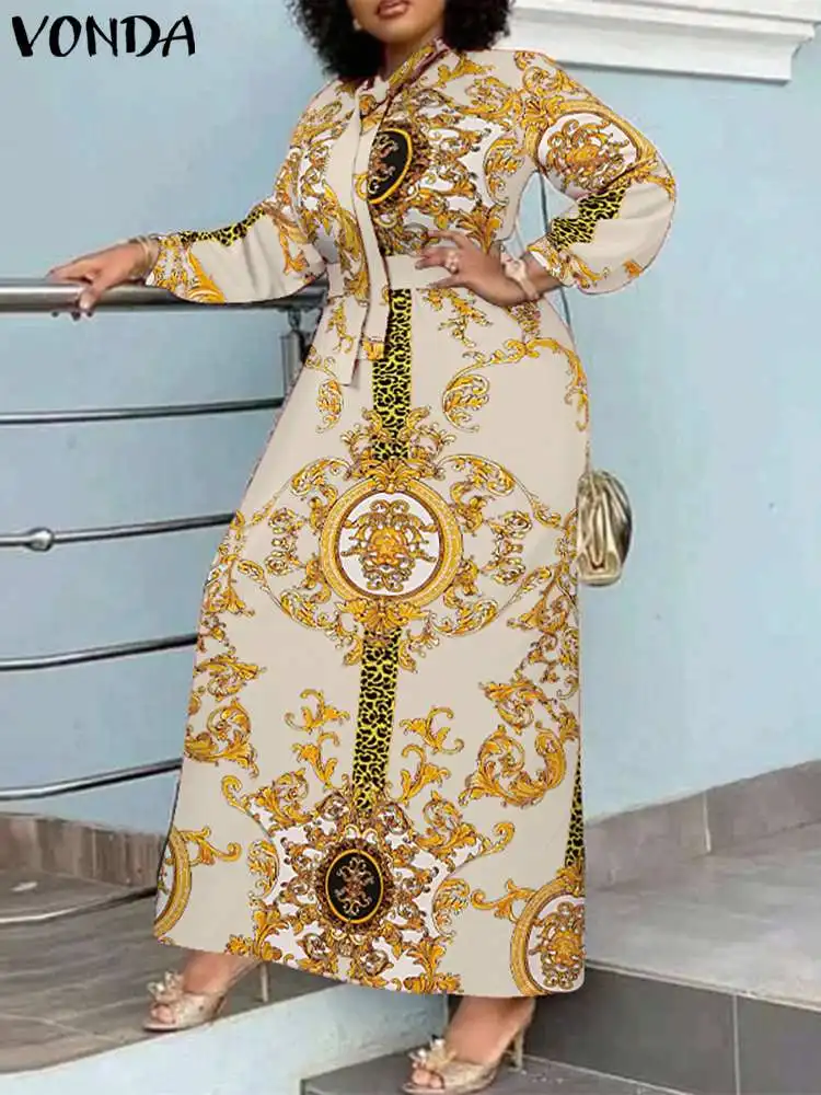 

2023 Summer Sundress VONDA Bohemian Women Maxi Dress Long Sleeve Stand Collar Casual Printed Party Robe Holiday Vestidos Belted