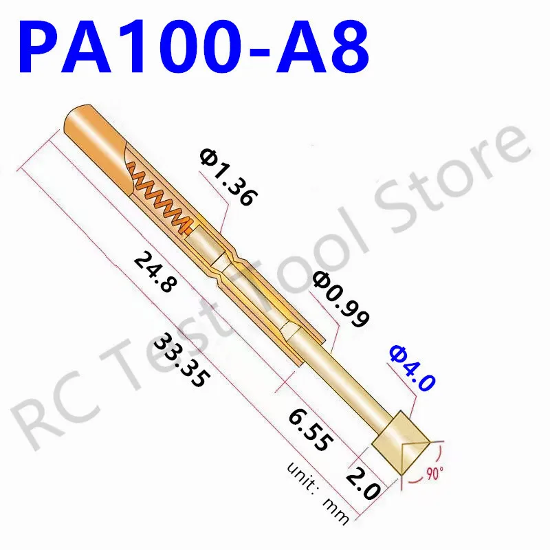 

10/20/100PCS PA100-A8 Spring Test Probe Test Pin 33.35mm Gold-plated Head P100-A Head Dia 4.0mm Pogo Pin Tool P100-A8