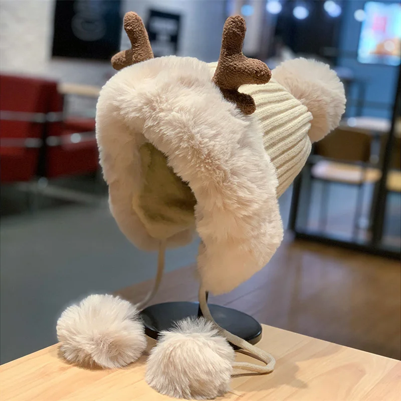 

Autumn and Winter Super Warm and Cute Cartoon Antler Hat Fur Plus Velvet Ushanka Unisex Deer Head Hat 2023