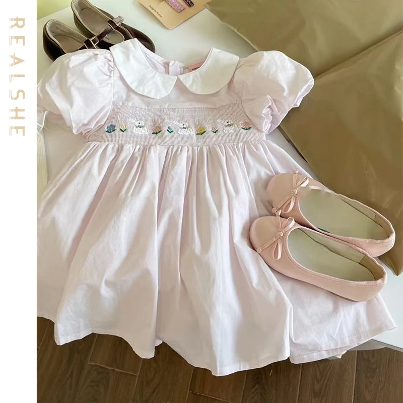 

2023 New Baby Girls Dresses Sweet Clothes Short Sleeve Floral Embroidery Kids Summer Princess Dress Children Dress