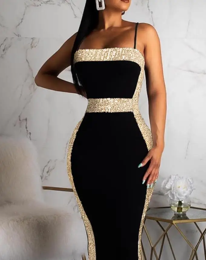 

Sexy Women's Dresses Fashion Contrast Sequin Spaghetti Strap Sleeveless Square Neck Bodycon Plain Midi Party Dress 2022 Summer