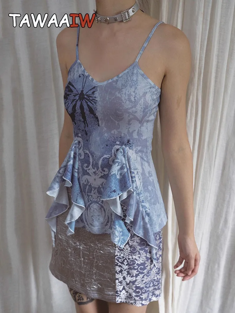 

Tawaaiw Blue Fairycore Tie Dye Halter Top Sleeveless Asymmetrical 2023 Summer Top Gothic V Neck Camis Punk Goth Tank Top Women