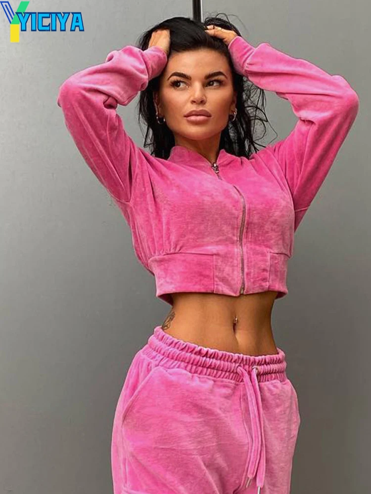 

YICIYA Y2k Velvet Piece Set SUIT Pink Sewing TRACKSUIT VELOUR Top And Pants Women Outfit Two-piece Sets 2022 New Crop Top Met