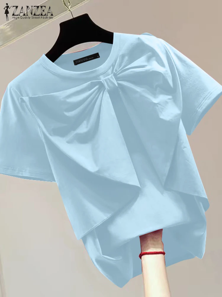 Корейская блузка ZANZEA 2024 с круглым вырезом и коротким рукавом женская летняя