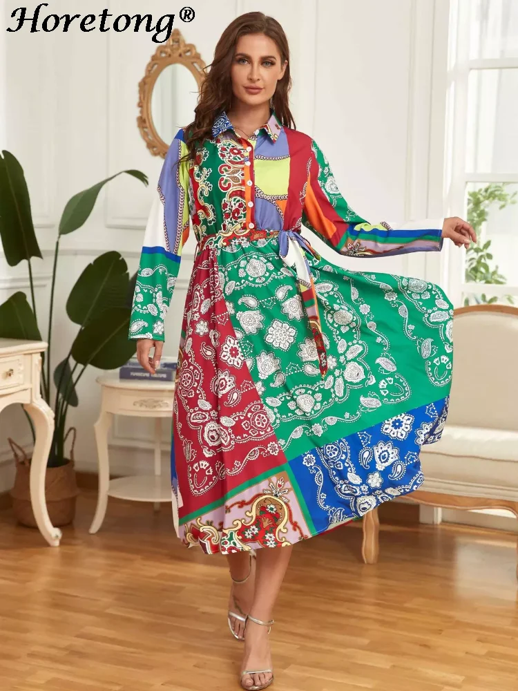 

Женское платье с длинным рукавом, отложным воротником и поясом