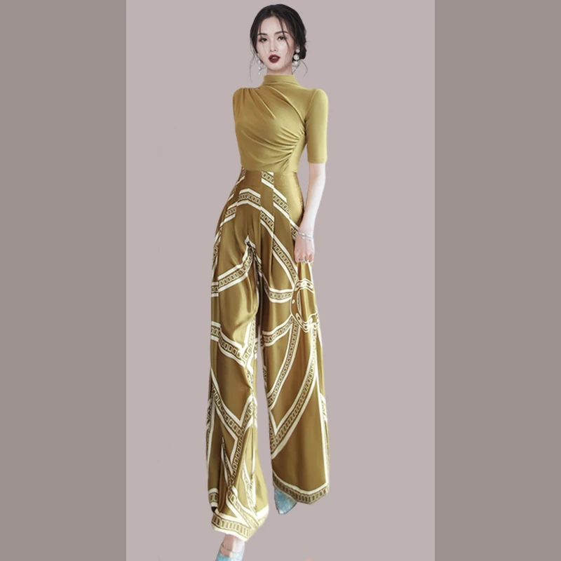 

Fashion Royal Sister Summer Two-piece Suit Women's Celebrity Temperament Short-sleeved Top + Printed Wide-leg Pants 2-piece Set