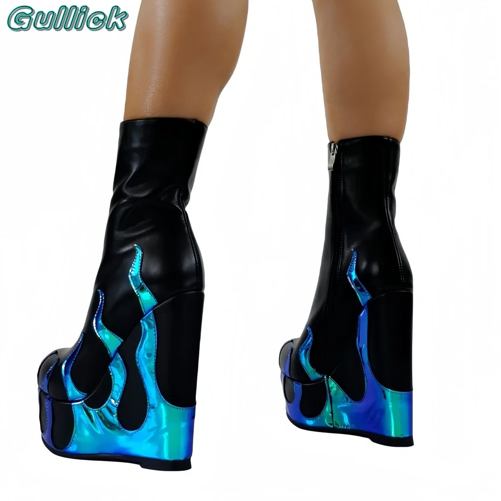 Женские ботинки с острым носком синие до середины икры на толстой танкетке