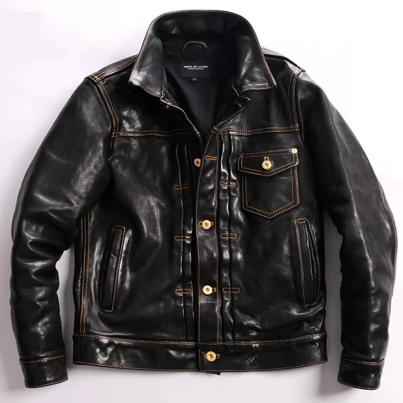 

American lapel 506 denim pleated models horse leather jacket men women's universal models of casual rock biker leather jacket