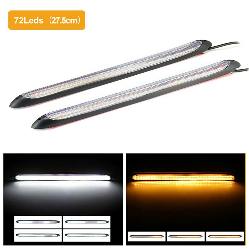 

2pcs Universal Car LED Daytime Running Light Waterproof Headlight Strip Sequential Flow Yellow Turn Signal White DRL Light
