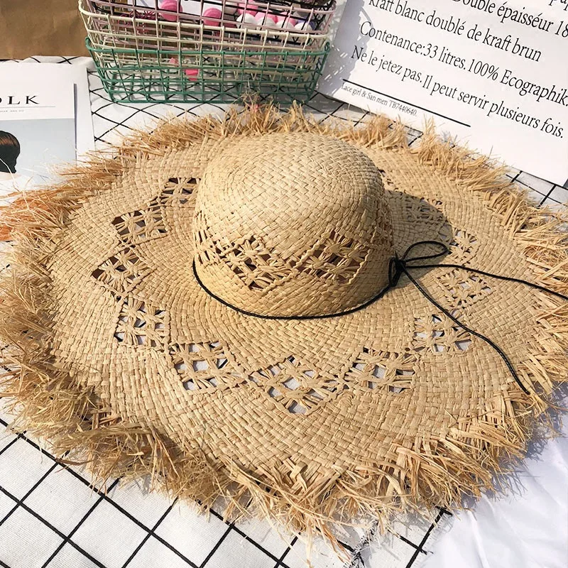 2023 Summer Natural Raffia Sun Hat for Women Wide Brim Floppy Shade Dome Straw Hat Girl Outdoor Vacation Beach Hat Panama Caps