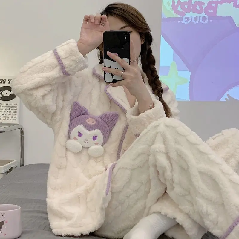 

Sanrio Pajamas Kuromi Animation Suit Winter Women's Thickened Warm Loungewear Girls Suit Casual Soft Fall Women's Padded Pajamas