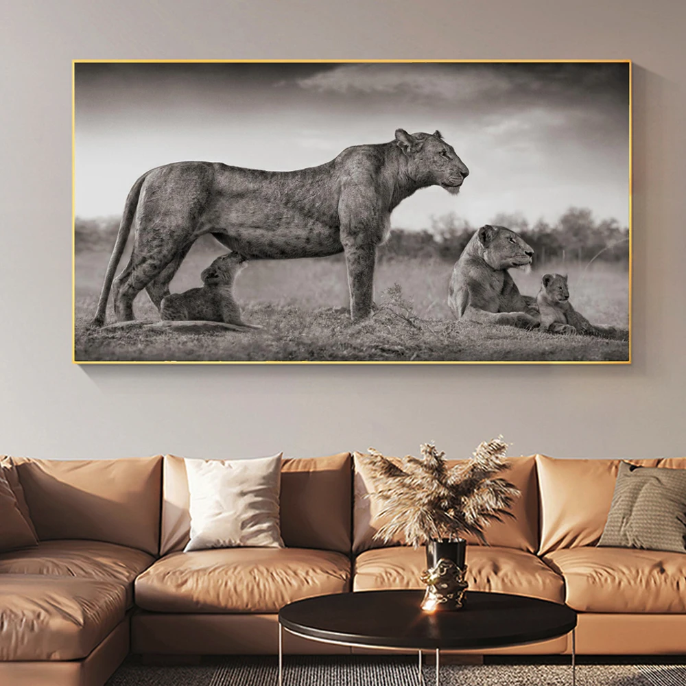 

Black and White Animal Wall Art African Lions Canvas Painting Modern Poster and Prints Wall Picture for Living Room Home Decor