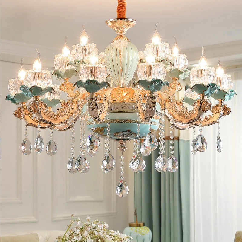 Flower Crystal Ceramic Retro Chandelier European Style Lamp For Living Room Bedroom Suspension Luminaire Villa Hanging Light