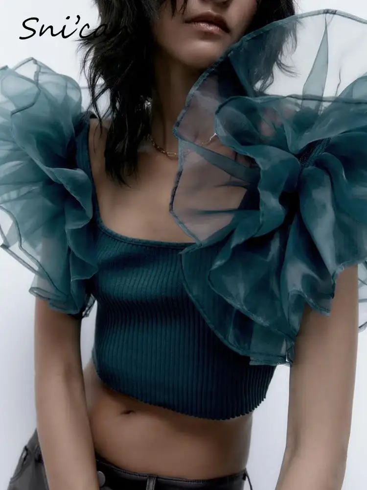 

Женская винтажная блузка из органзы, зеленая короткая трикотажная блузка с оборками на рукавах, в стиле пэчворк, лето 2019