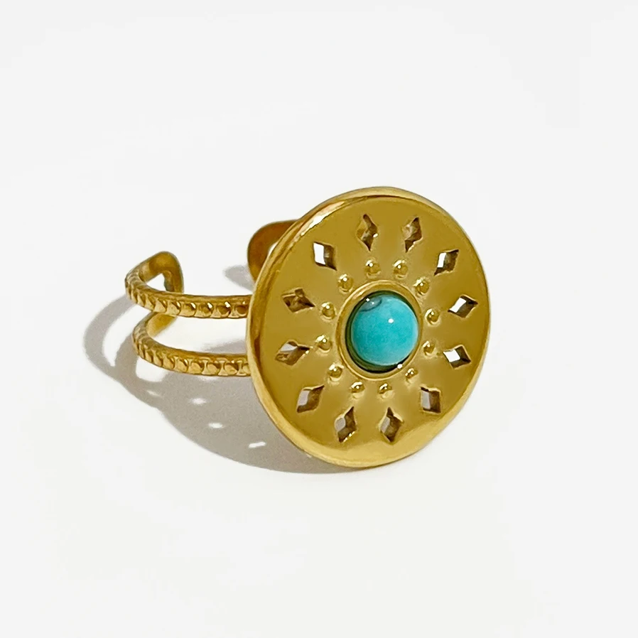 

Peri'sBox Boho Turquoise Stone Gold Color Round Sun Medallion Ring Women Stainless Steel Textured Adjustable Open Rings Trendy