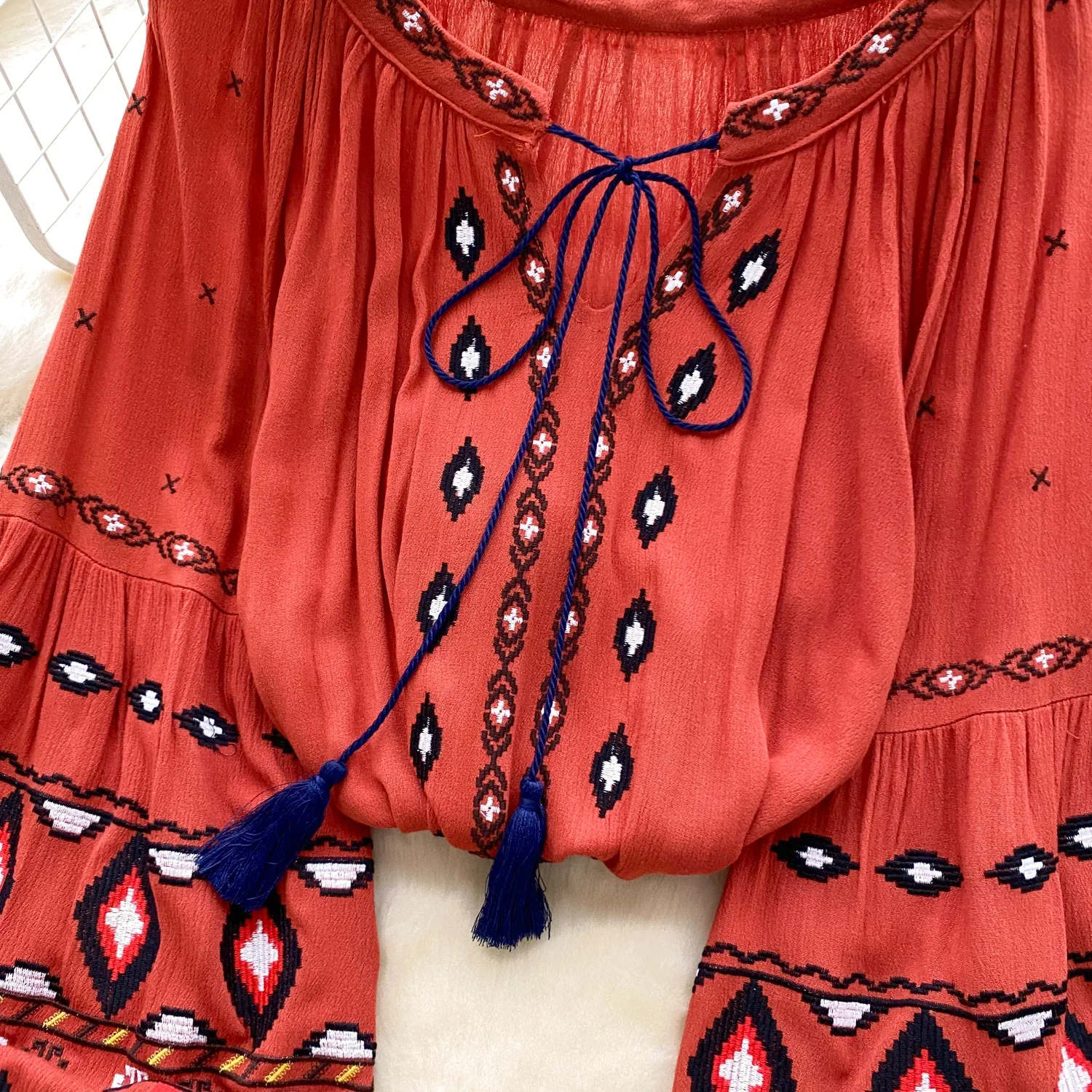 Женская Повседневная Блузка с длинным рукавом-фонариком вышивкой