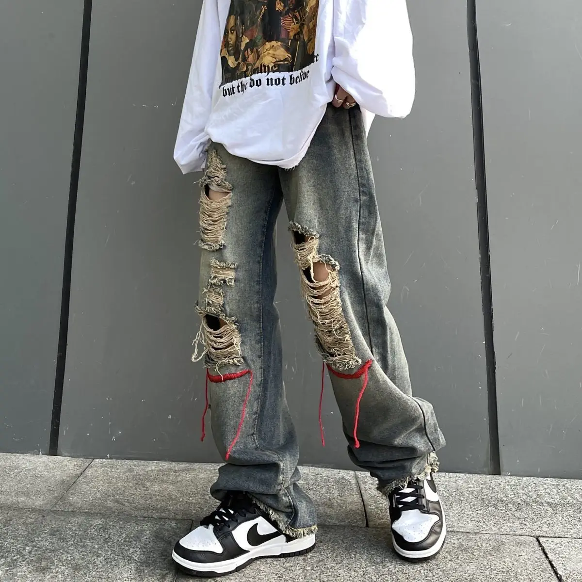 

High street ripped jeans men's summer thin American hiphop loose all-match trend 2022 new explosion models grunge y2k clothes