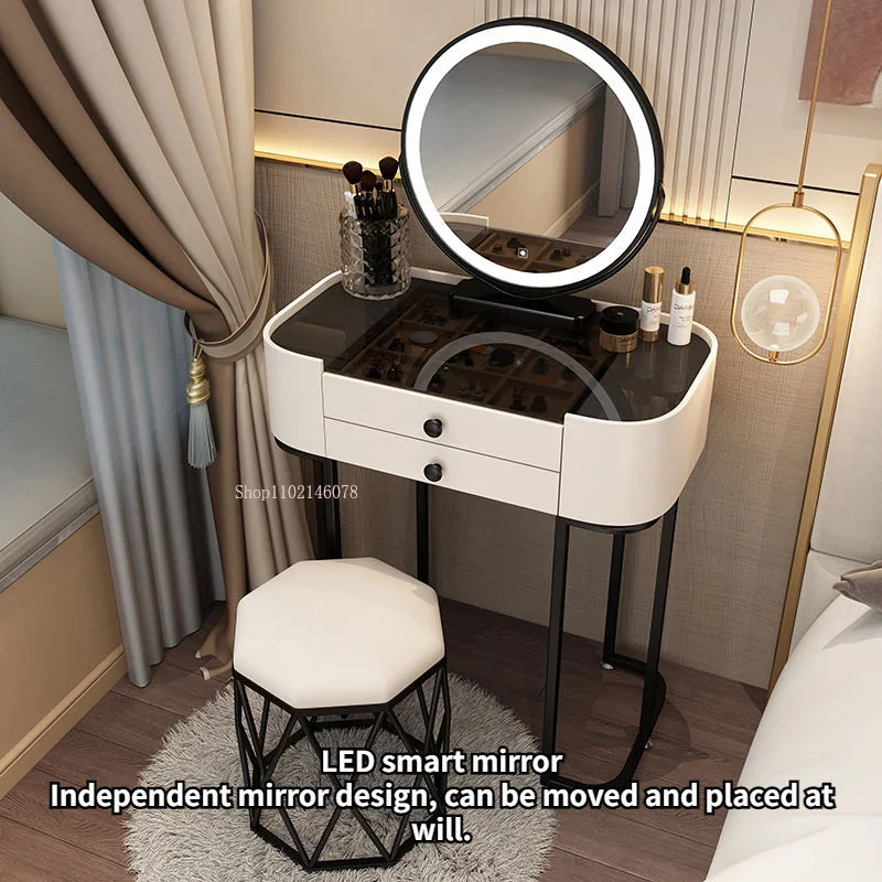 

Nordic Light Luxury Bedroom Furniture Modern White Desk Ins Bedroom 2 Drawer Dresser Makeup Vanity Mirror with Lights and Table