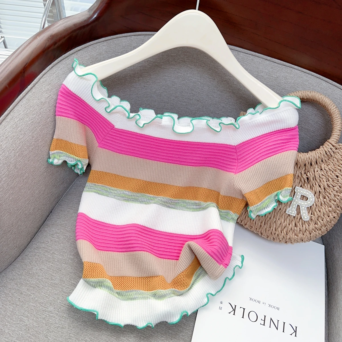 

Hollow Rainbow Striped T-Shirts Women Off Shoulder Tops 2023 Women's Ruffles Tees Lady Sexy Crop Top Sweater For Womens Clothing