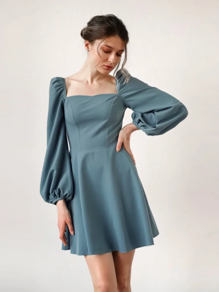 

CHURSES Solid Casual Spring Mini Dress Puff Sleeve Square Neck Elegant Slim Party Dress Ladies Vintage A Line Women Dresses 2022