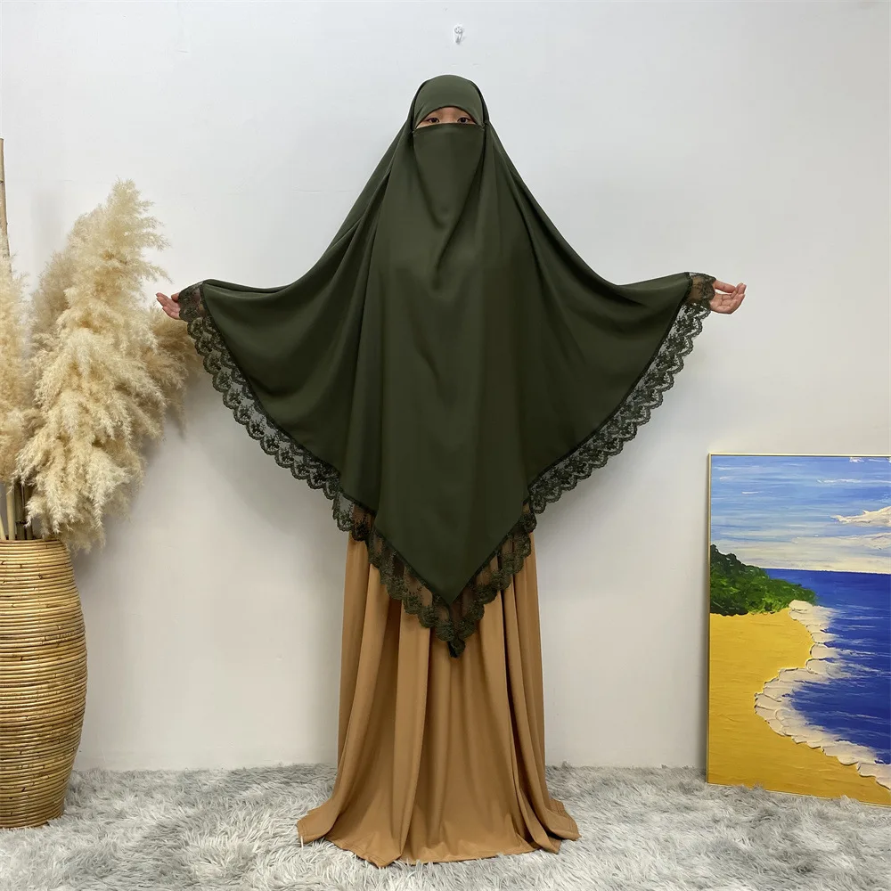 

Women Muslim Lace Khimar Abaya Long Hijab Jilbab Burqa Head Scarf Islamic Prayer Garment Overhead Turban Shawls Wraps Ramadan