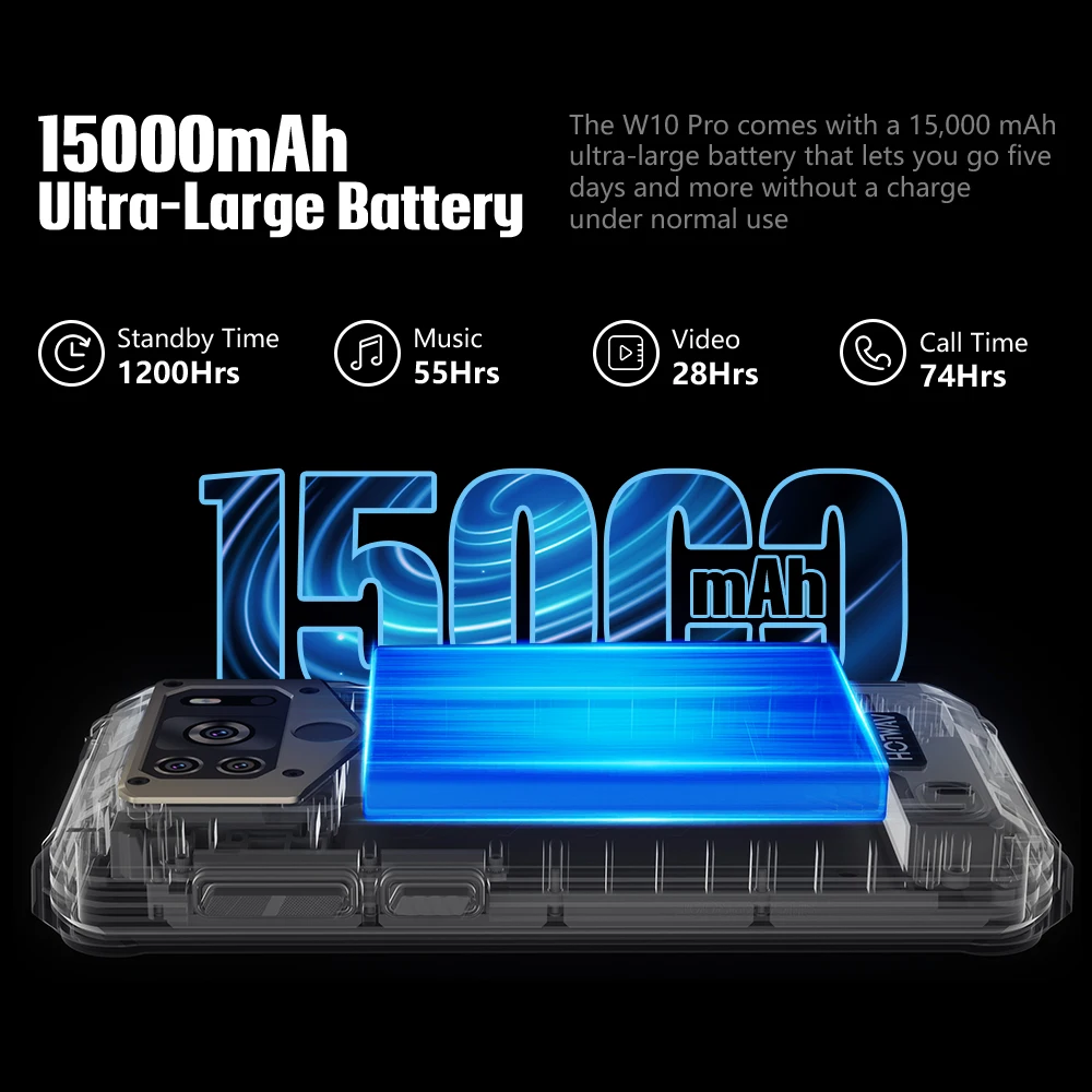 HOTWAV W10 Pro Rugged Smartphone 15000mAh Large Battery Android 12 Cellphone Octa-Core  6.53 Inch NFC 6GB 64GB 20MP Mobile Phone