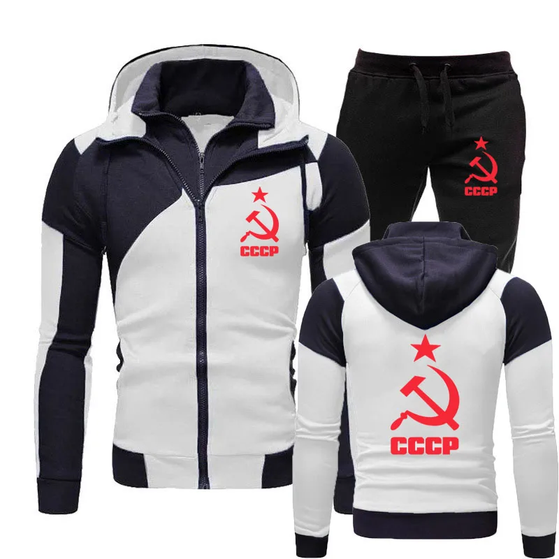 

2022 New Spring Autumn Fleece Cotton Zipper Hoodies +pants Men's 2 Piece Set CCCP logo print High Quality Men's Zip Hoodie Set