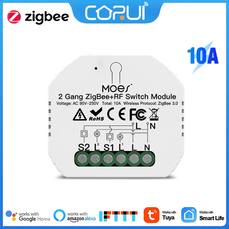

CoRui Tuya ZigBee3.0 Smart Switch 2 Gang RF Intelligent Breaker Module Remote Relay Alexa Google Home Gateway Automation Modules