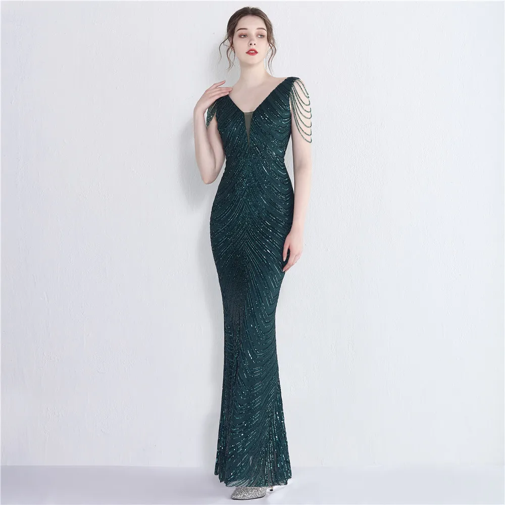 

Drak Green Sleeveless Sequins Long Elegant Evening Dress Women Party Gowns V-Neck Sleeve Tassel Vestidos Zip Back YSAN1803