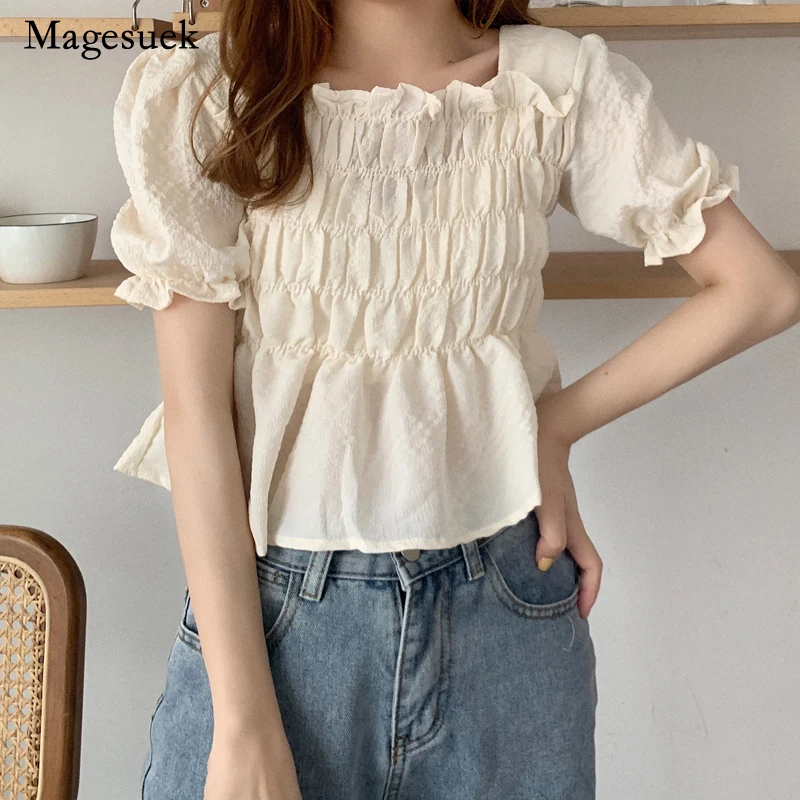 

Korean Style Sweet Chiffon Women's Shirts Tops Casual Short Sleeve Summer Blouse Women Pleated Sweet Short Clothes Blusas 21739