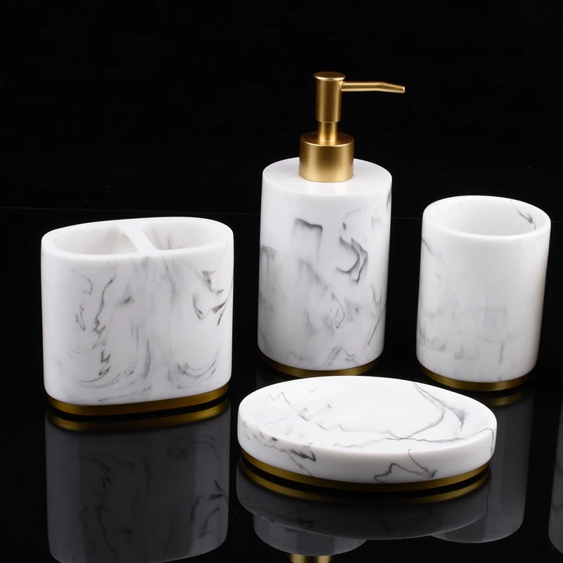 

Bathroom Accessories Set, 5 Pieces Bath Ensemble, Bath Set Collection Marble Pattern Soap Dispenser Pump, Toothbrush Holder, Soa