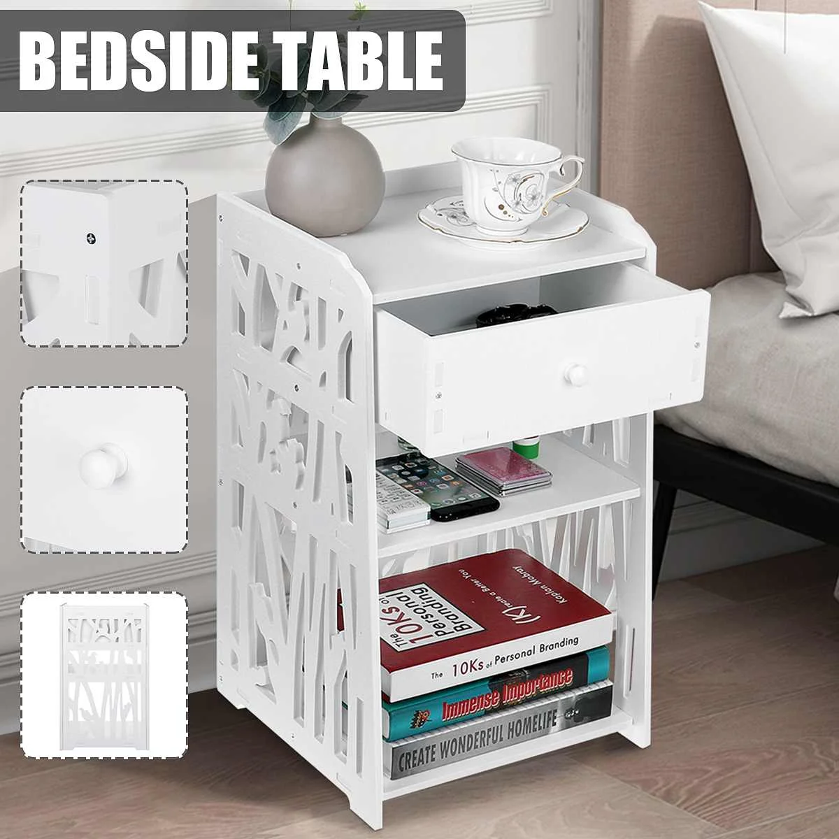 

20"H Modern End Tables Bedside Tables with 1 Drawer and 2 Shelves Moisture proof Anti-erosion Nightstand Storage Shelf Rack