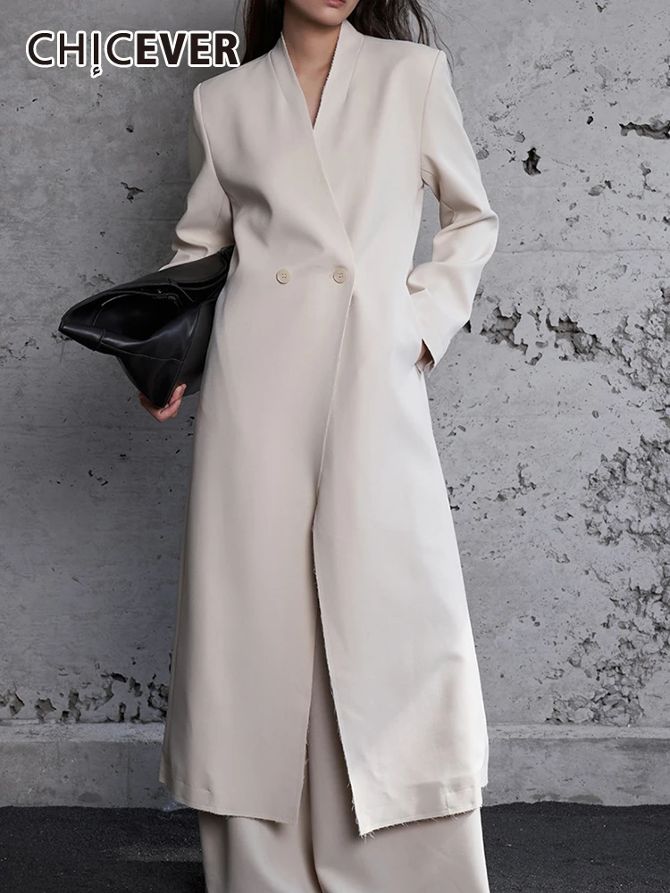 

CHICEVER, однотонные длинные блейзеры для женщин, v-образный вырез, длинный рукав, пэчворк, пуговица, свободные складки, темперамент, осень, раздельное пальто для женщин, 2023