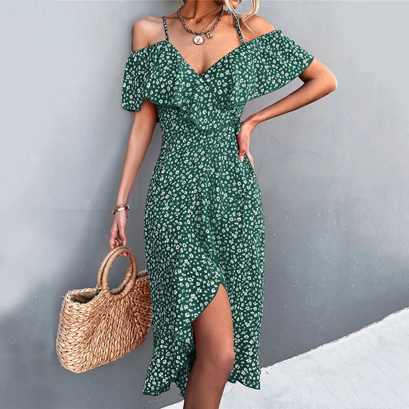 

WAYOFLOVE Ladies Spring Summer Sexy Straps Dress Women Green Off Shoulder Ruffles Casual Beach Dresses Female Floral Print Dress