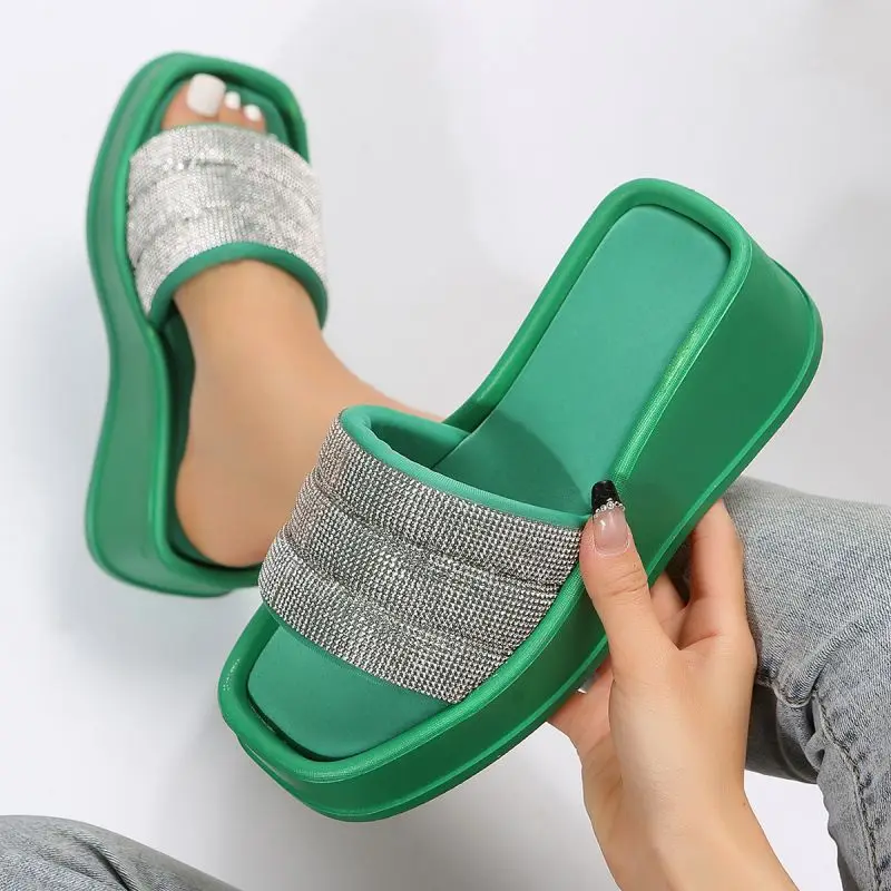 

Shiny Crystal Chunky Platform Sandals Women Slides 2023 Summer Wedges Slippers Woman Plus Size 43 Outdoor Slipper Flip Flops