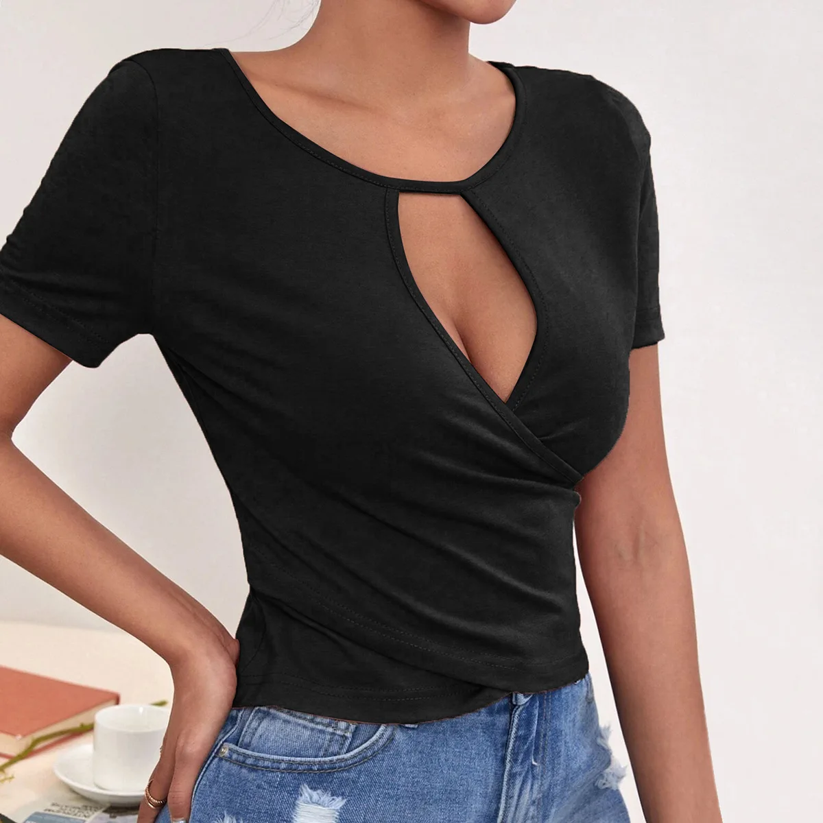 

New sexy hollow button slim fit Casual Short temperament short sleeve T-shirt women's T-Shirt Top