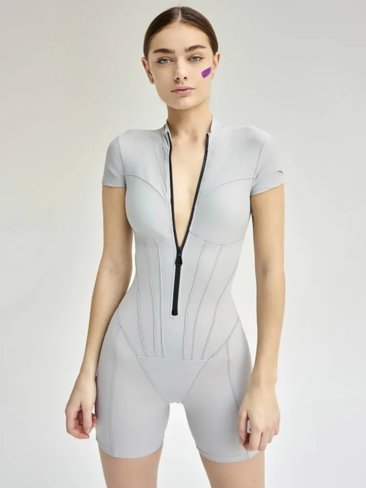 

2023 New Short Sleeve Playsuit Women Overalls Spring Striped Zipper Sporty Rompers Ladies Casual Bodycon