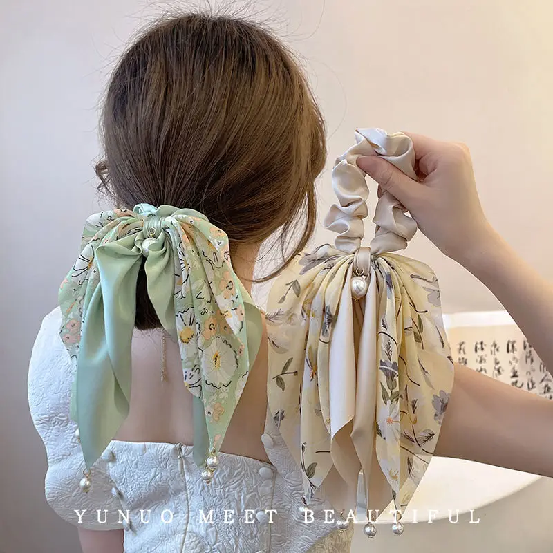 

Temperament Green Printed Fabric Bowknot Head Rope Headband for Women Ribbon Hair Accessories 2023 New Fashion Jewelry