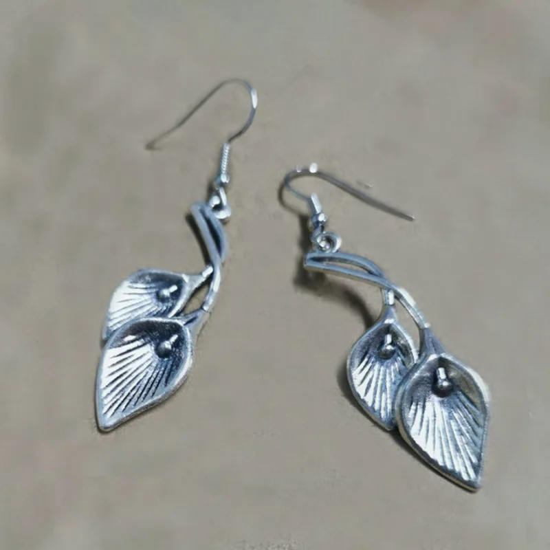 1Pair Gypsy Retro Minimalism Calla Lily Flower Leaves Dangle Earring Silver Color Metal Hook Earrings For Women Jewelry Gifts