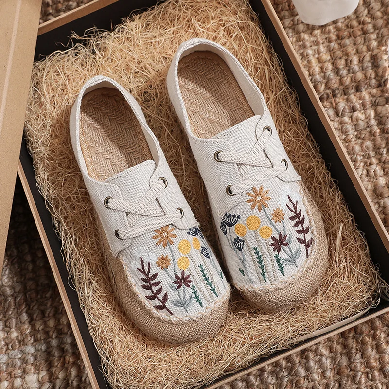 

Careaymade-Hot Flats Women Shoes Embroider Retro Lace-up Round Toe Cotton Linen New Handmade Concise Comfortable Ladies Shoes