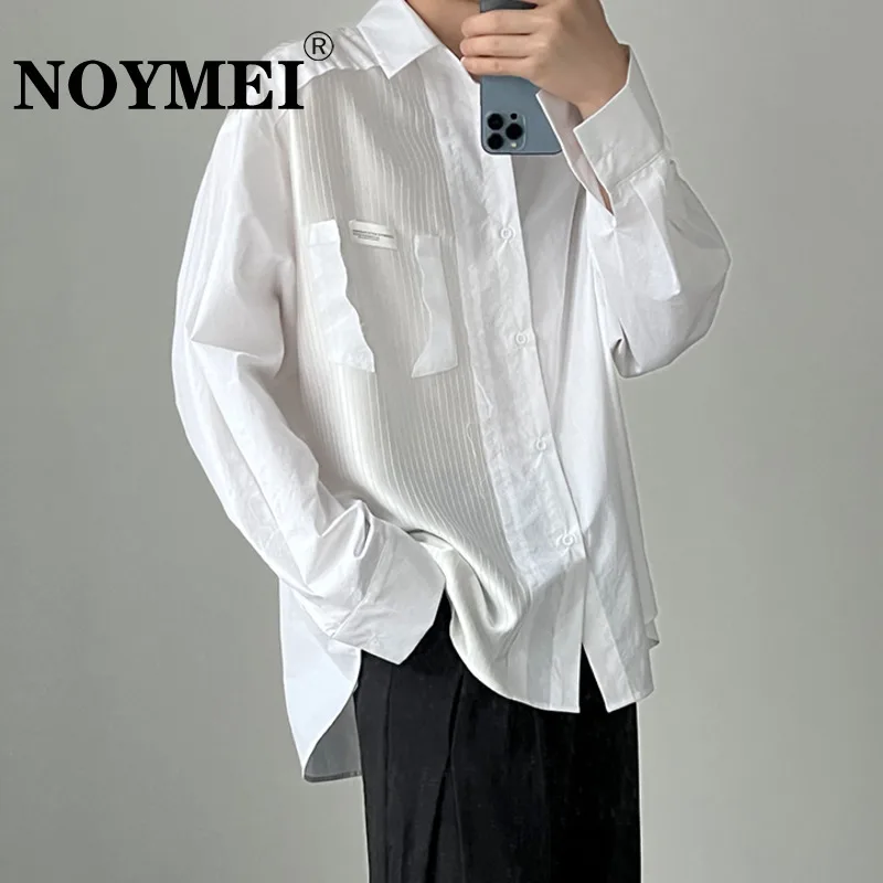 

NOYMEI Men's Shirt Long Sleeve Turn-down Collor Fashion Korean Style Chic Single Breasted Solid Color White Pockets Top WA399
